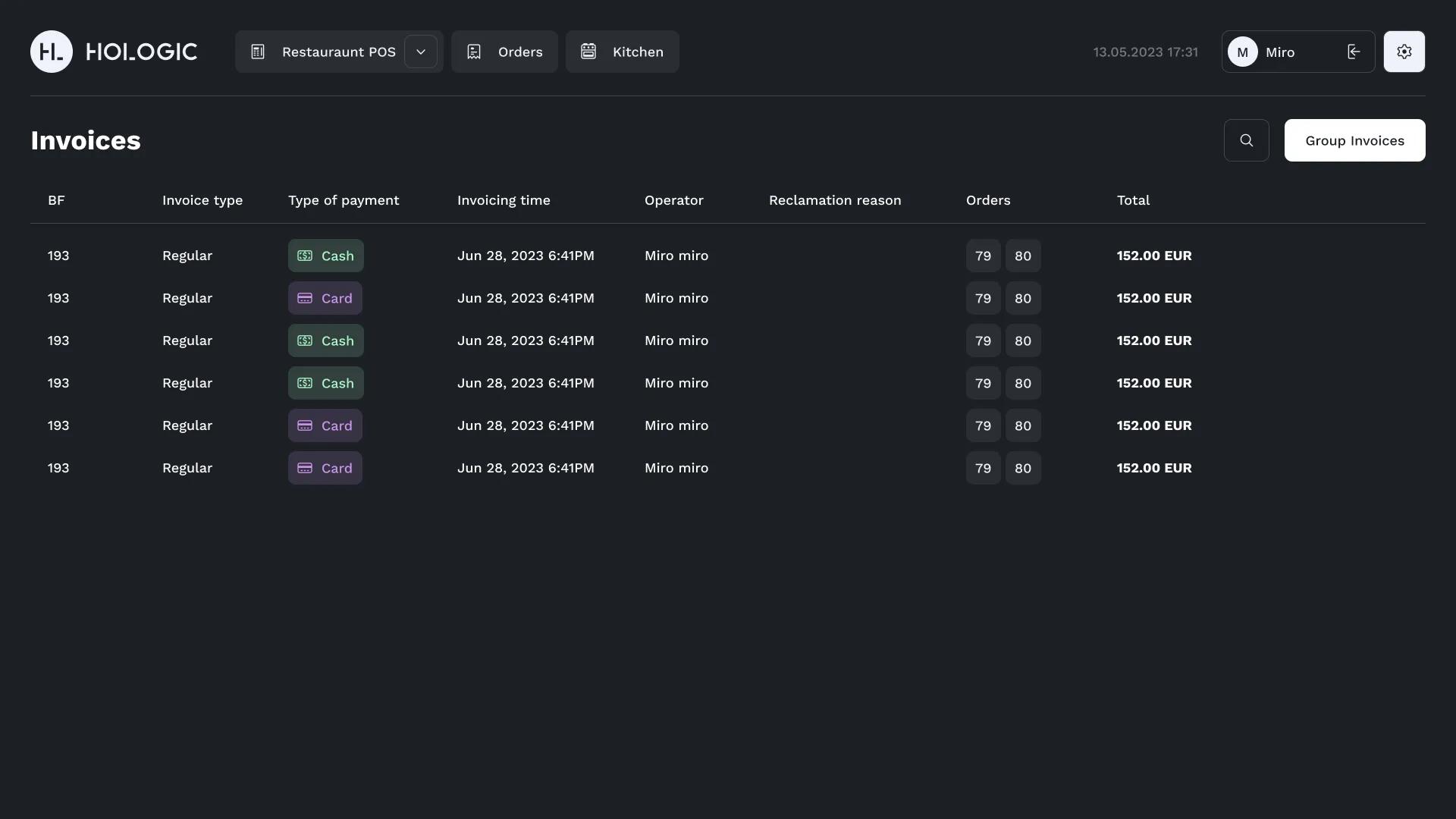 Hologic POS real-time reports — waiter and financial analytics